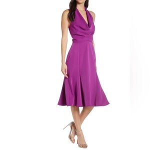 Harlyn Orchid Fit and Flare Halter Dress Plunging Drape Neckline Open Back XL